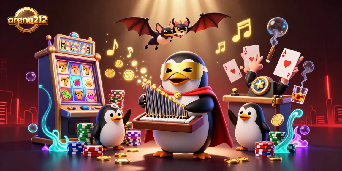 Permainan slot aksi di arena212 dengan penguin dan koin emas, menampilkan keseruan permainan slot online