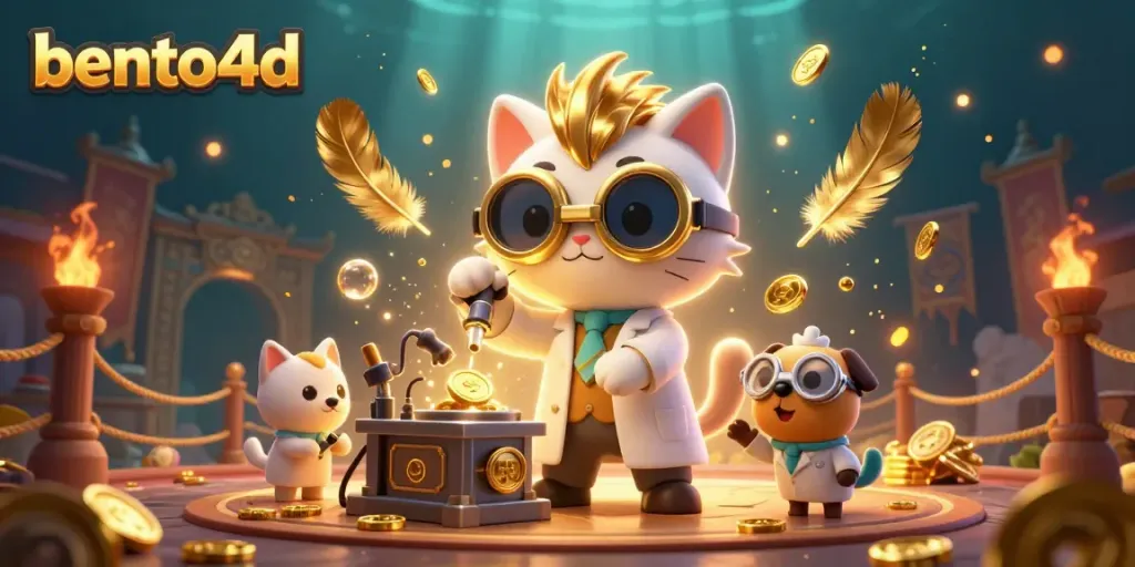Engage with bento4d's thrilling gaming scene featuring a mad scientist cat and assistant in a vibrant casino atmosphere.