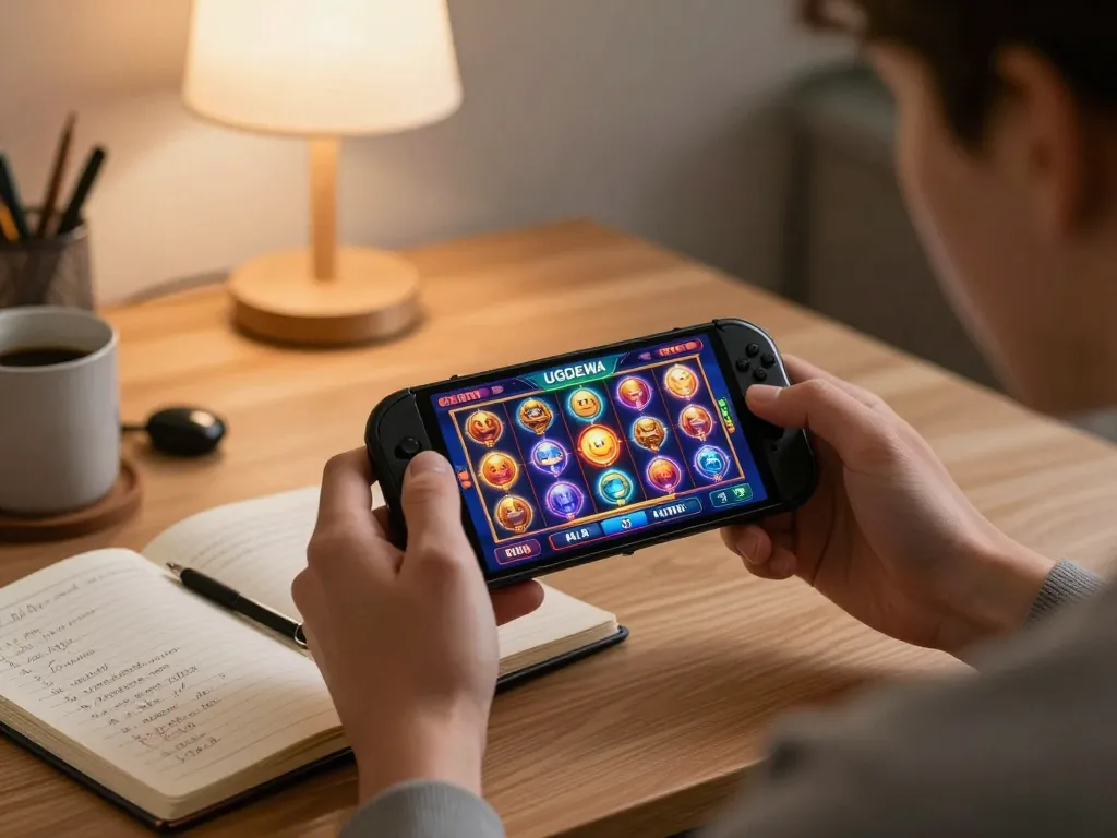 Playing slots on UGDEWA app in a stylish home environment with strategy notes nearby.