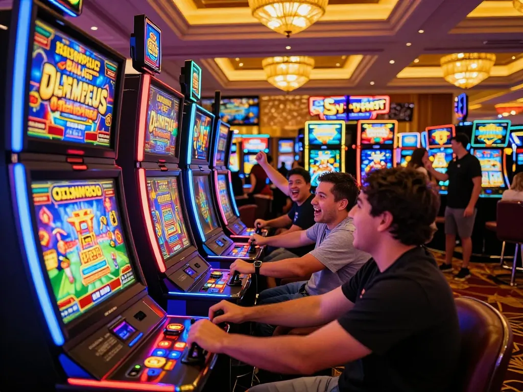 Players enjoying slot olympus games at vibrant casino floor filled with colorful machines and celebrations.