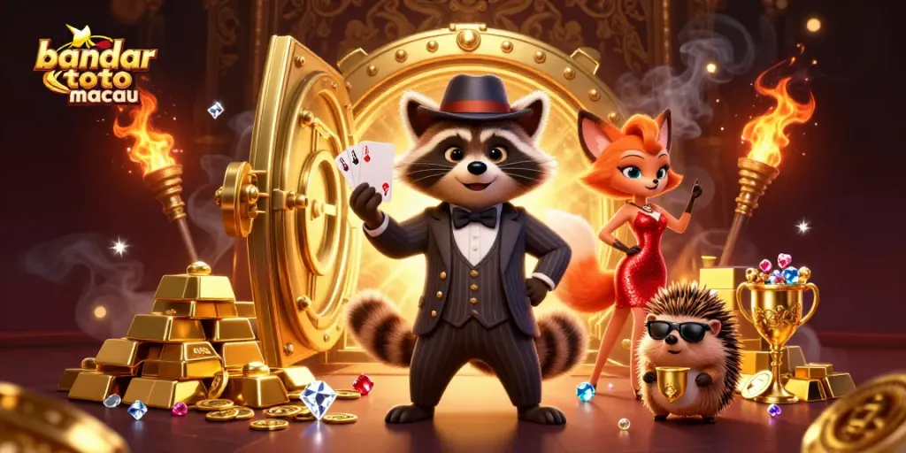 Gambarlah bandar toto macau dengan rakun, rubah, dan landak di dalam kasino yang megah.