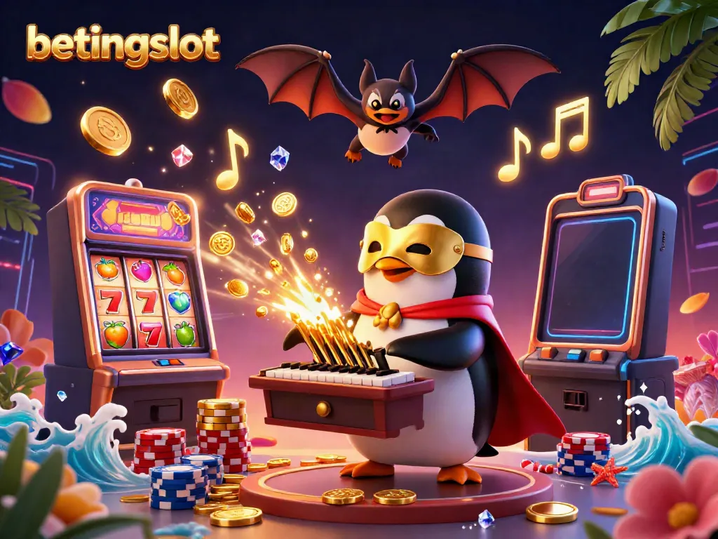 gambar ilustrasi kasino yang menampilkan betingslot dengan karakter penguin dan bat yang menari, dikelilingi koin emas.