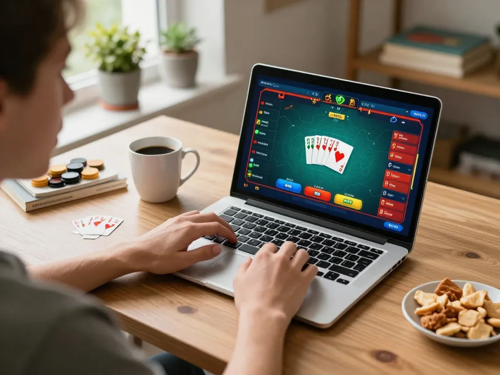 Engaging with 88Pulsa Link on a laptop while playing online poker, showcasing a casual gaming atmosphere