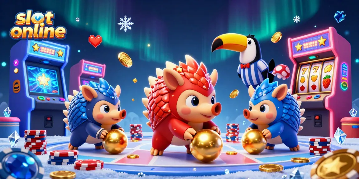 Kedua pangolin berkompetisi dalam slot online, dikelilingi mesin permainan 3D dan simbol keberuntungan.
