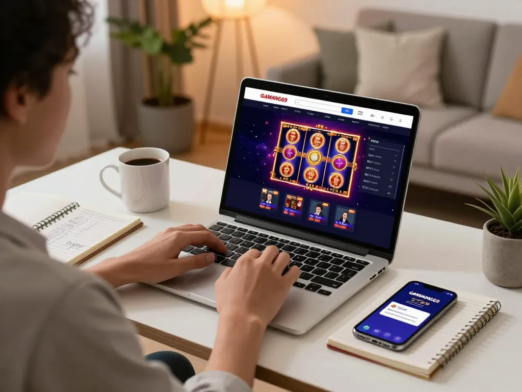 Engaging with GAWANG69 digital casino on a laptop at home with strategy notes.