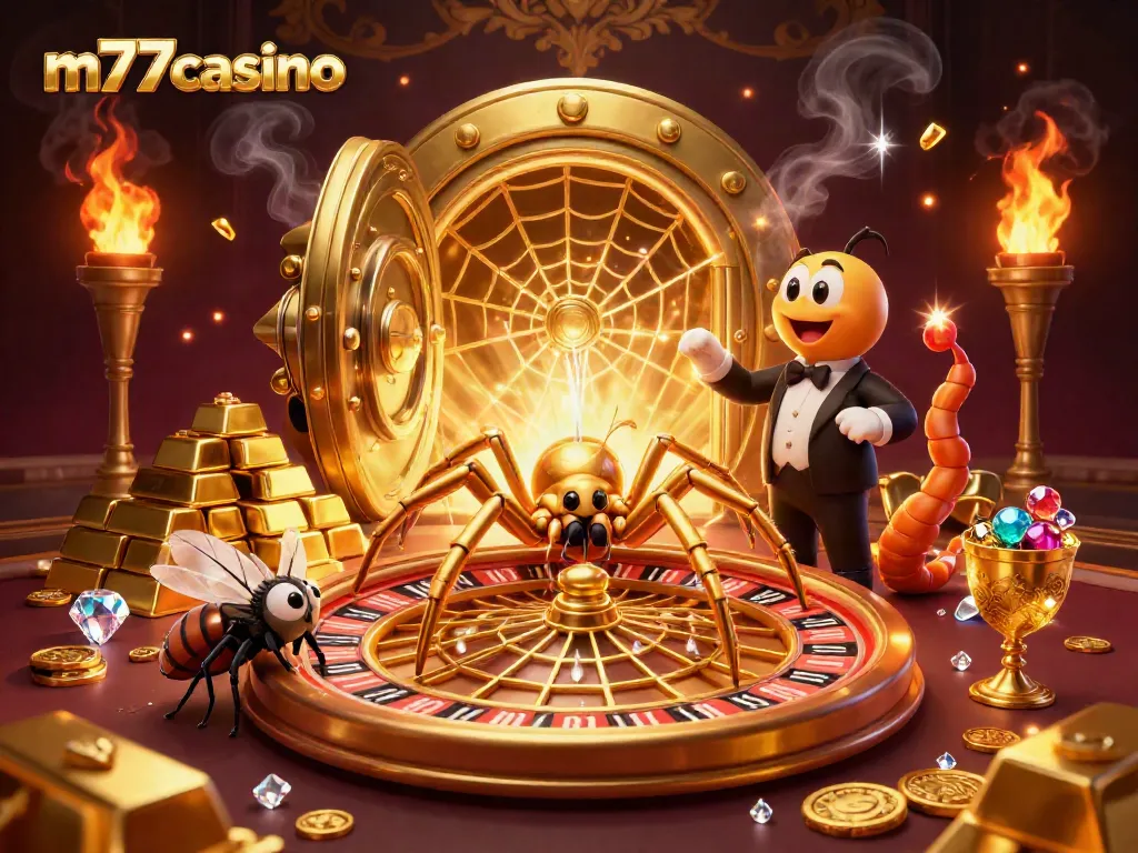 M77casino menghadirkan gambar ilustratif kasino yang menarik dengan laba-laba emas dan karakter bertaruh.