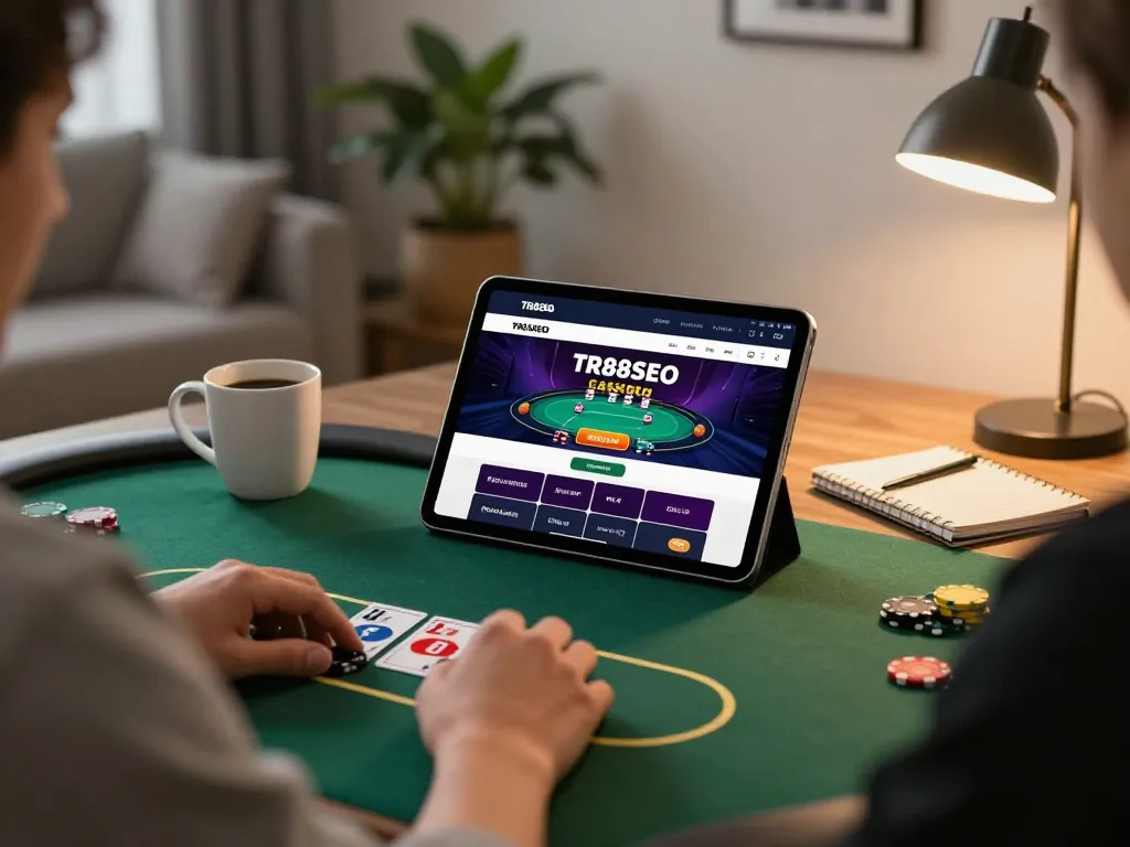 Engaging in online poker gameplay using the TR88SEO platform on a tablet with strategic notes nearby