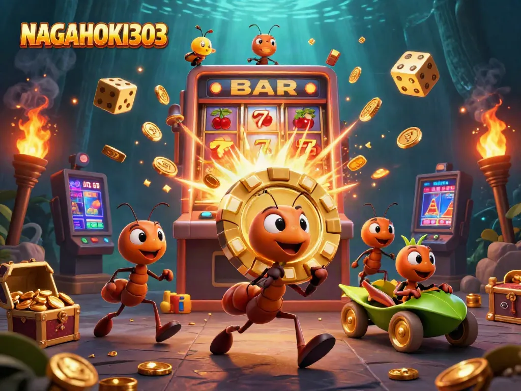 NAGAHOKI303 ants navigating a vibrant casino heist, complete with golden poker chips and jackpot elements.