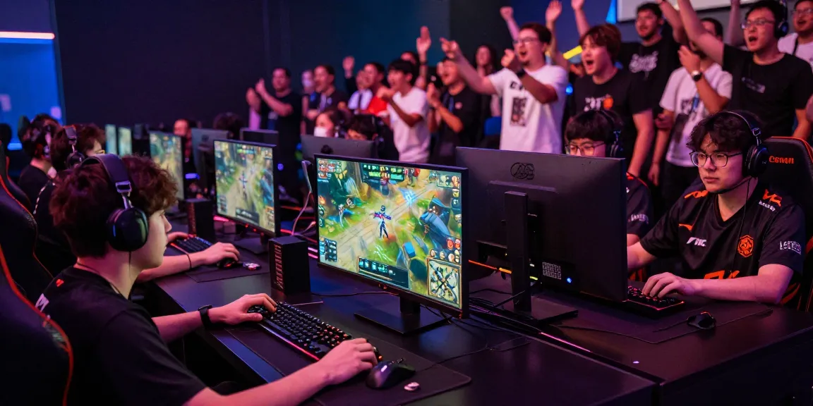 Kompetisi ligagalaxy di arena esports dengan gamer profesional dan penonton antusias.