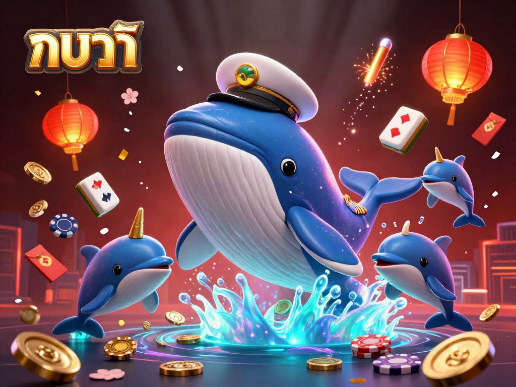 Experience the excitement of บาคาร่า with playful dolphins, a whale captain, and casino elements.