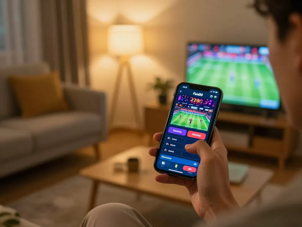 Fun88 mobile sports betting experience with user engaging on smartphone, vibrant app interface