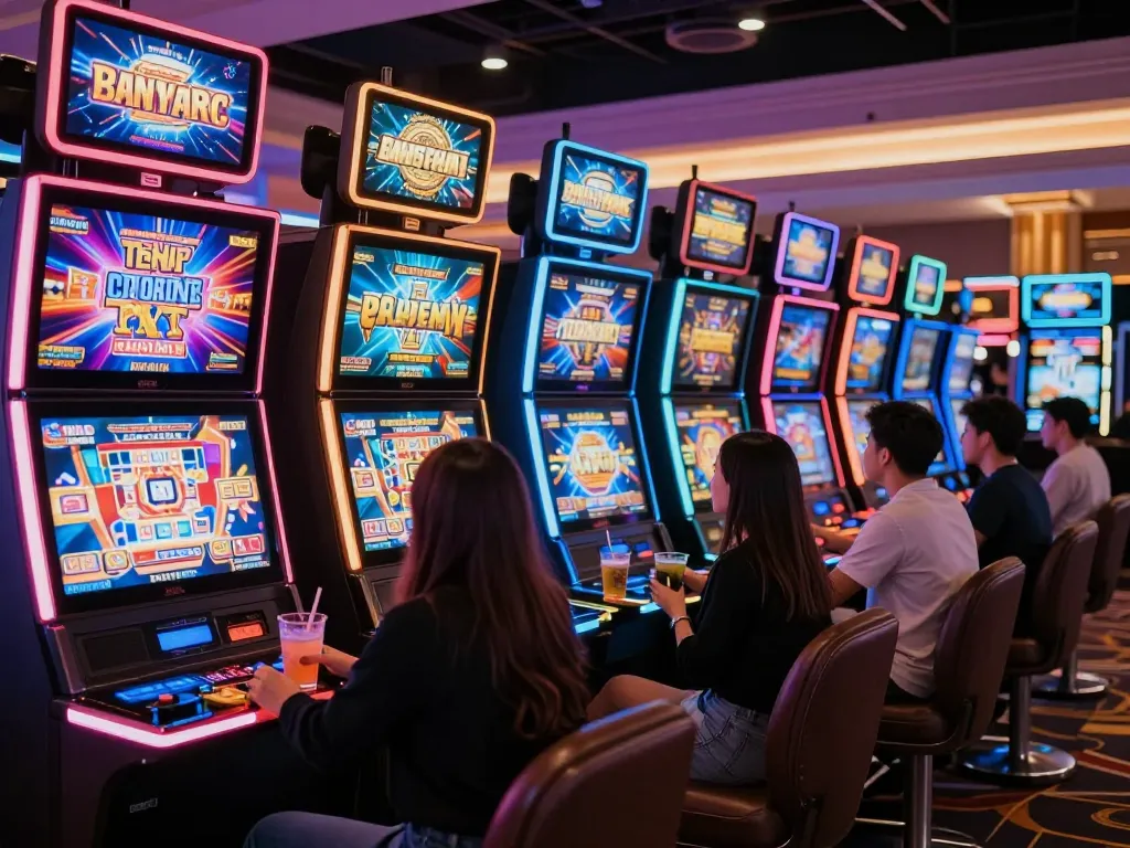 SATRIA123 players winning on vibrant slot machines in a lively casino atmosphere.