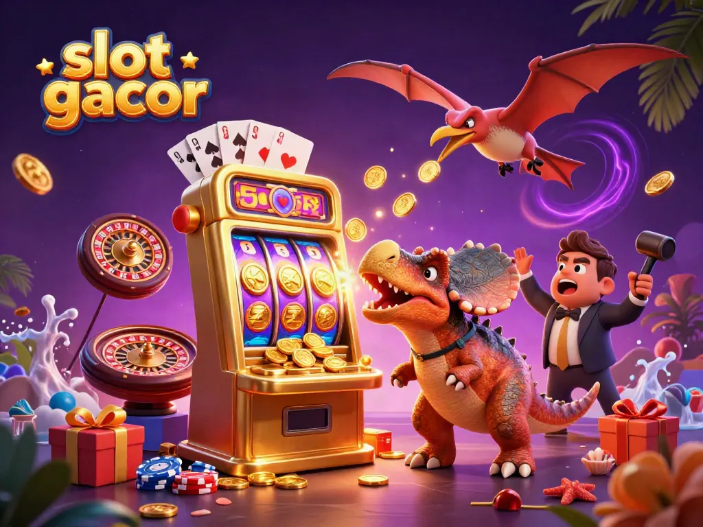Slot gacor menampilkan dinosaurus kartun memecahkan mesin slot, menciptakan suasana kasino yang meriah.