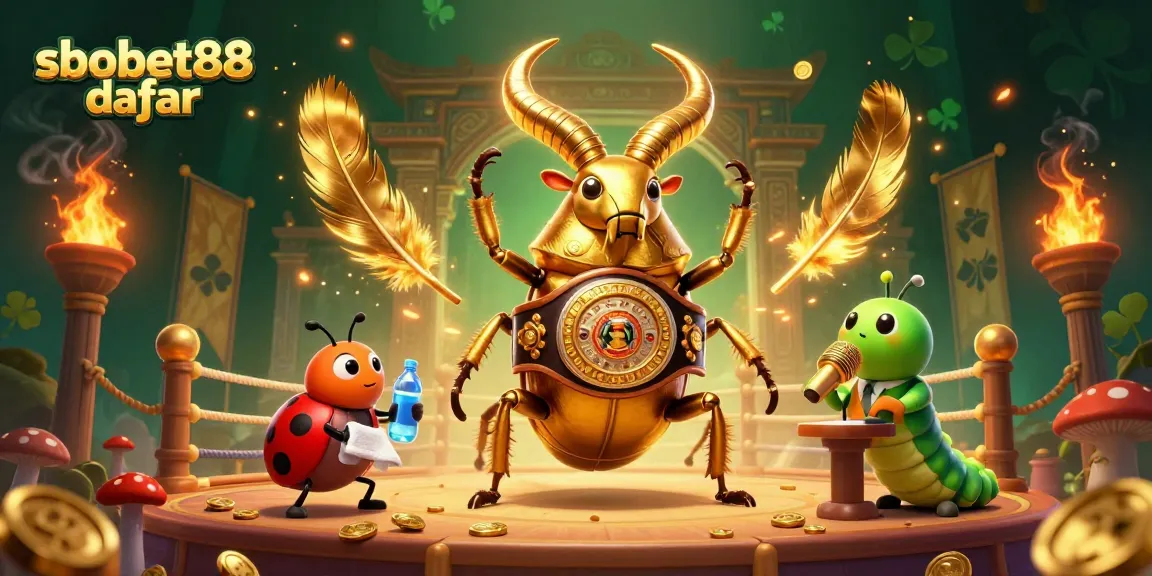 Engaging sbobat88 daftar scene with a golden stag beetle fighting in a vibrant casino arena.