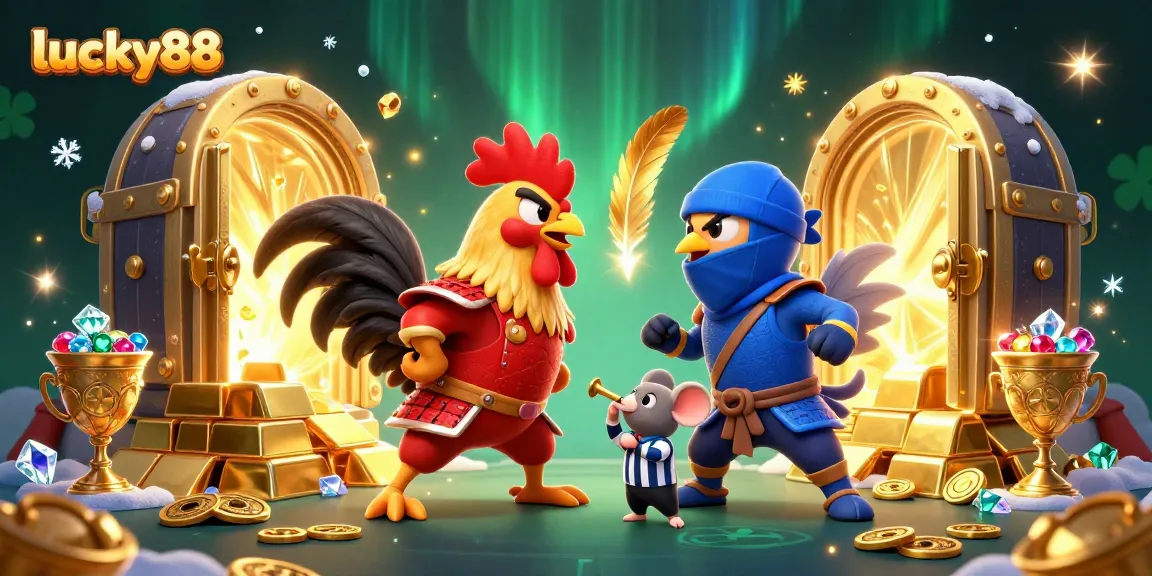 Bet big with lucky88 in an action-packed rooster standoff surrounded by treasures.