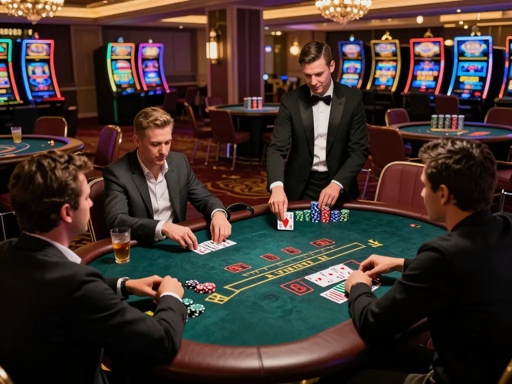 M88 Mansion Indo permainan blackjack langsung yang menampilkan pemain yang terlibat dan dealer profesional.