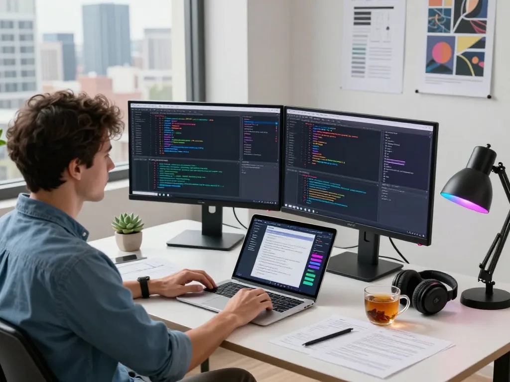 Developer engaged with crush ai coding in a vibrant workspace, showcasing dual monitors and urban skyline.