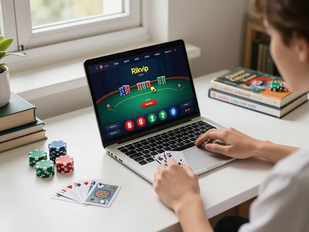 Player engaging with Rikvip casino app on laptop at home, showcasing a vibrant gaming atmosphere