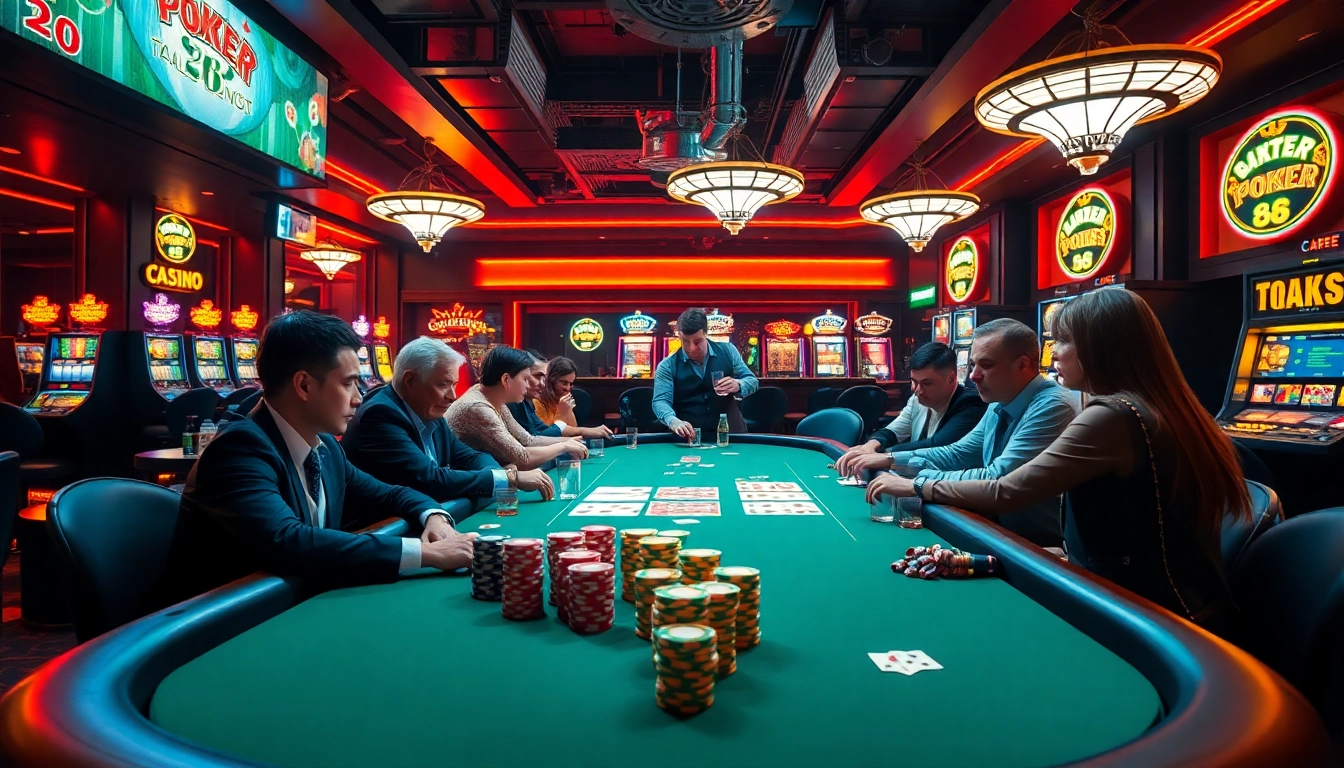 Engage in an exciting poker 88 game at a vibrant casino table full of players and colorful chips.